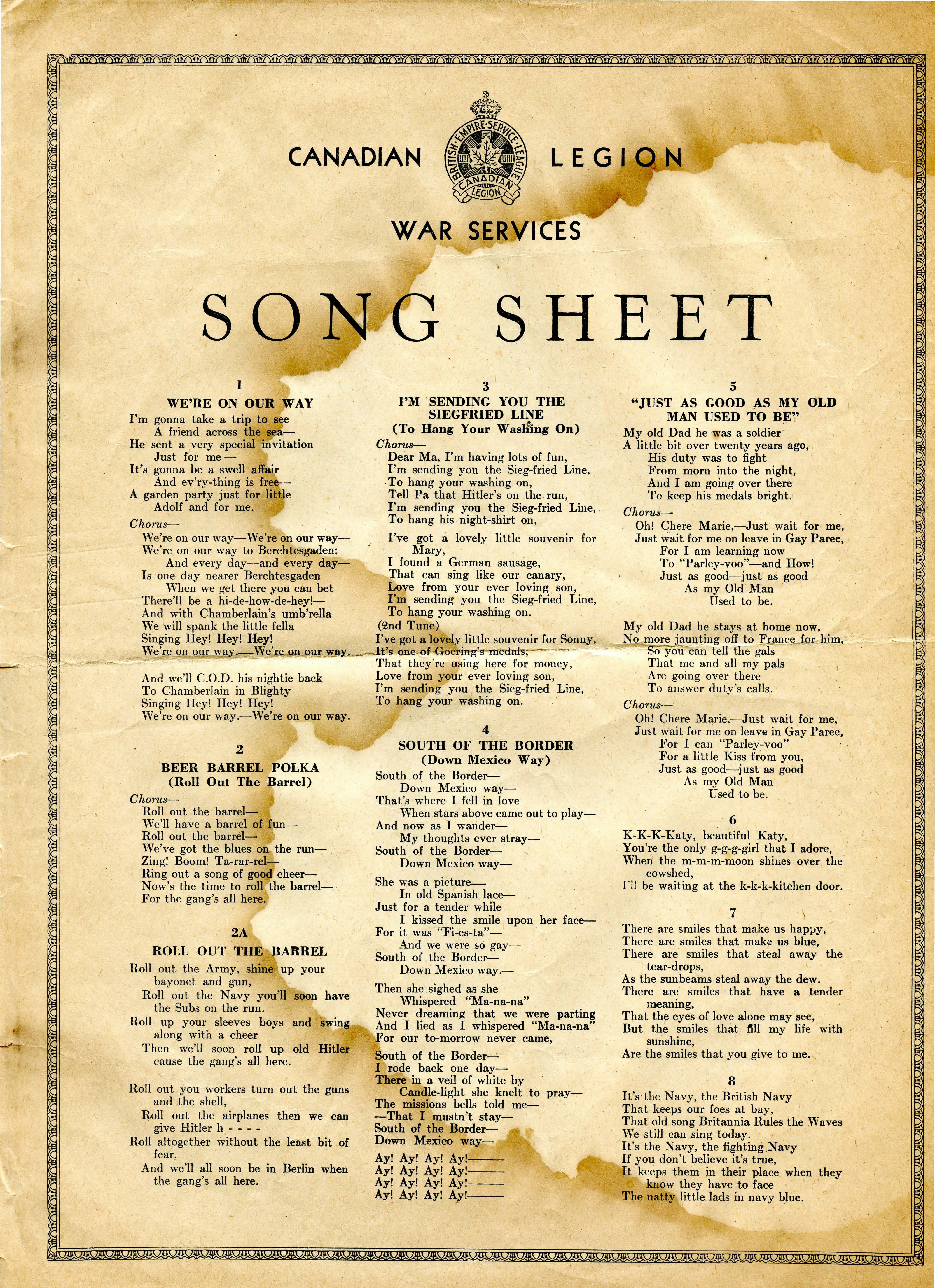 Canadian Legion Song Sheet undated