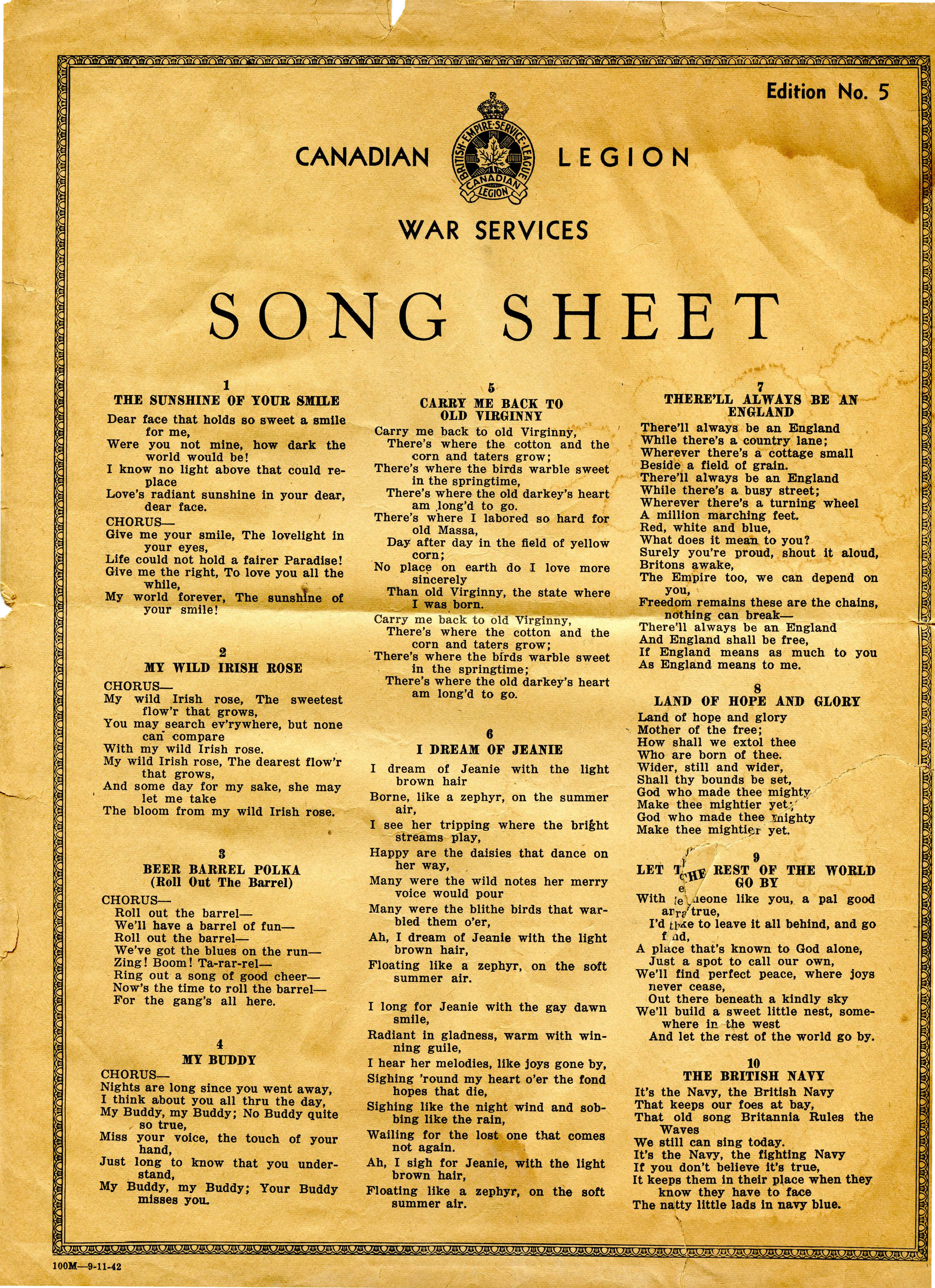 Canadian Legion Song Sheet 1942