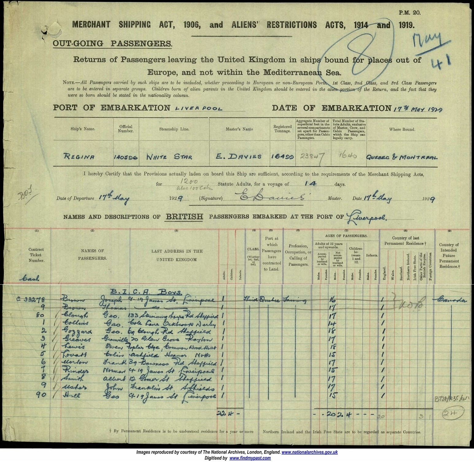1929 May SS Regina UK Psgr List2 with BICA boys