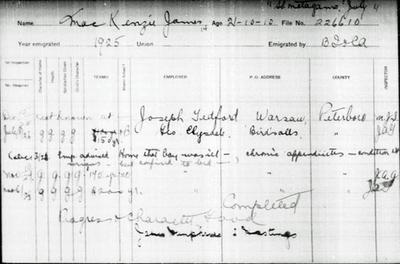 Juvenile Inspection Report for a James MacKenzie arrd Metagama July 1925