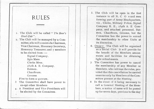 Inside of rule booklet for the Boars Head Club Fourth Army social club from Namur Belgium 1919